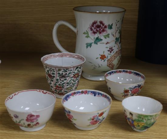 A Chinese export large mug, 4 tea bowls and cup, 18th/19th Century Tallest 15.5cm